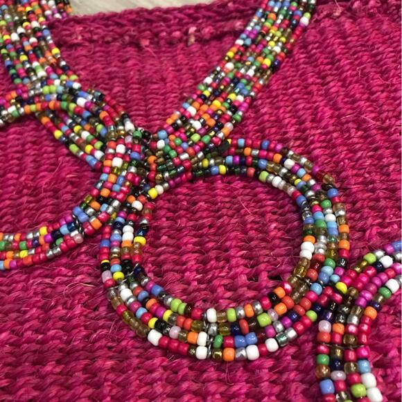 Unique gift beaded handle fuchsia pink straw raffia bag large o/s vibrant bold - Picture 3 of 6